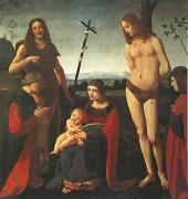 BOLTRAFFIO, Giovanni Antonio The Virgin and Child with Saints John the Baptist and Sebastian Between Two Donors (mk05) oil painting picture wholesale